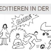 Meditation in der Kita. Zeichnung eines Kindergartens mit meditierendem Kind