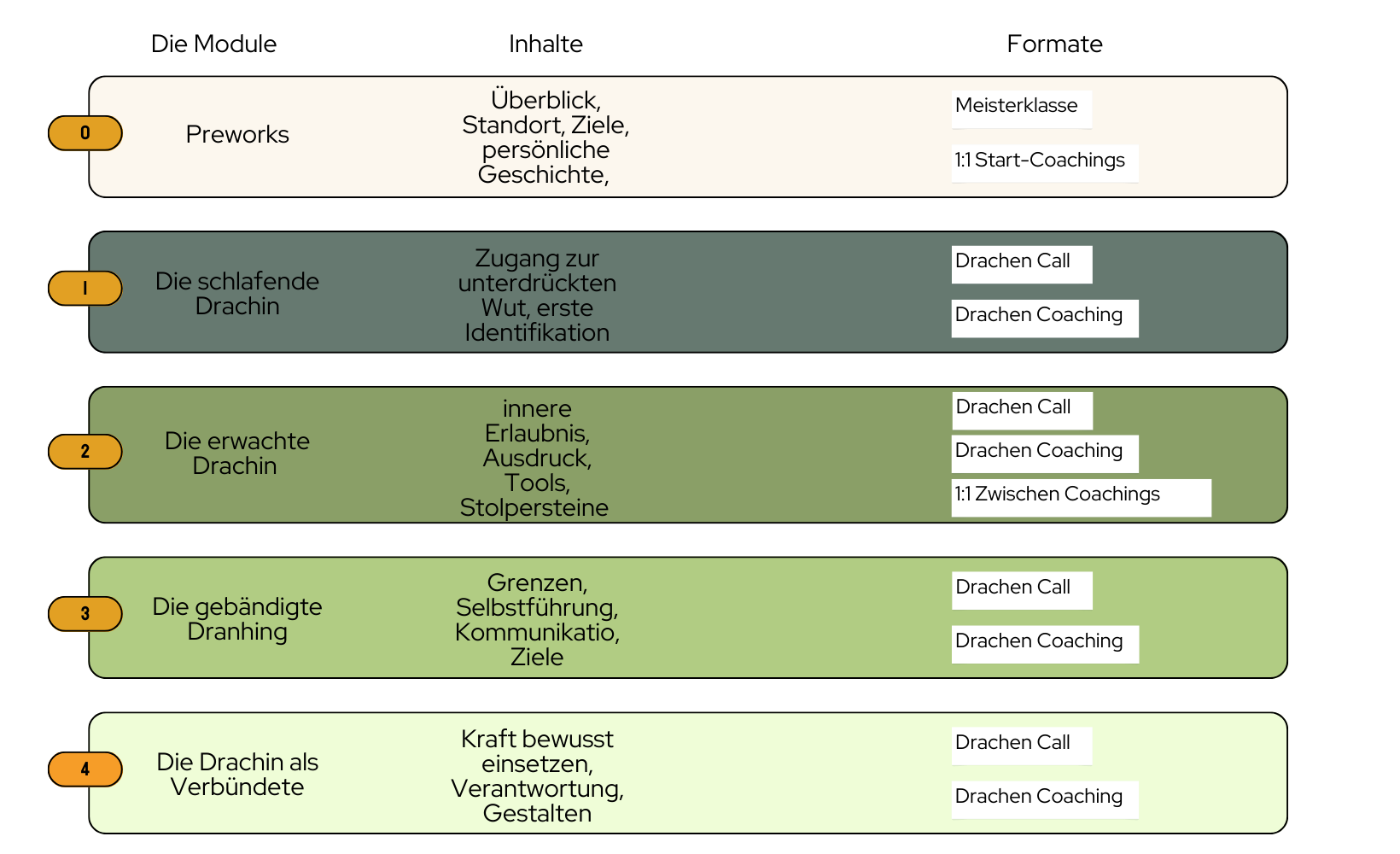 eine tabellarische Übersicht über die vier Module und die jeweiligen inhaltlichen Schwerpunkte und Coaching-Formate. Bei Bedarf schreib mir eine E-Mail und ich schick dir die Tabelle zu.