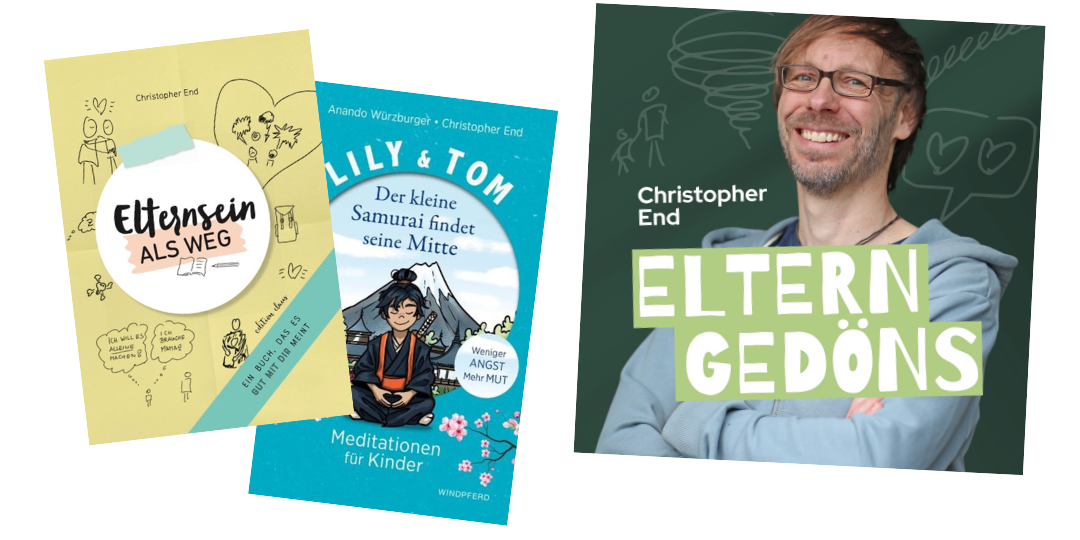 Cover der Bücher "Der kleine Samurai findet seine MItte", "Elternsein als Weg" und dem Podcast "Eltern Gedöns"