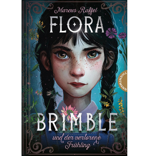 Flora Buch-Cover "Flora Brimble": Ein Mädchen mit dunklen Haaren und Zöpfen schaut aus großen Augen den Betrachter an