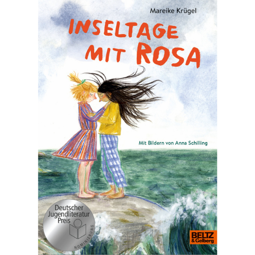 Inseltage Buch-Cover "Inseltage mit Rosa": Bleistiftillu koloriert: Zwei Mädchen stehen sich geegenüber auf einer Insel